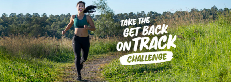 Image of girl runner on gravel path in Western Sydney Parklands with Take the Get Back on Track Challenge logo